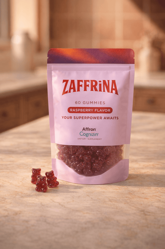 Zaffrina Kids Daily Focus Gummies pouch on a kitchen counter